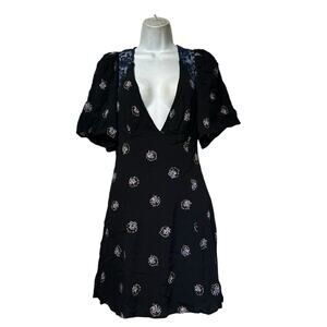 Free People Mockingbird Floral Print Black Embroidered Mini Tunic Dress Size 4